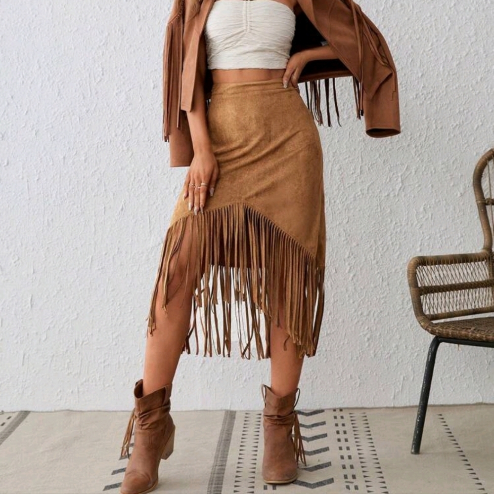 Fringe Trim Asymmetrical Hem Skirt - Picture 5 of 5